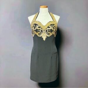 Vintage Sequined Halter Dress fits 14/16+ black Bodycon mini tagged a XXL